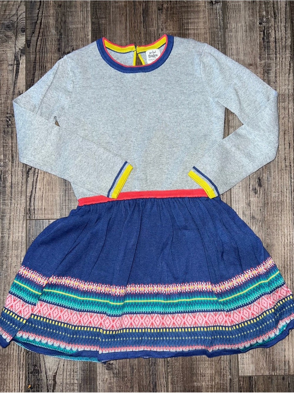 Mini Boden Gray & Navy Sweater Dress with Colorful Stripe Skirt